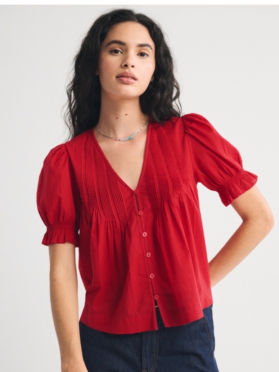 Abercrombie & Fitch Tops - Red V-Neck Pintuck Puff Sleeve Blouse